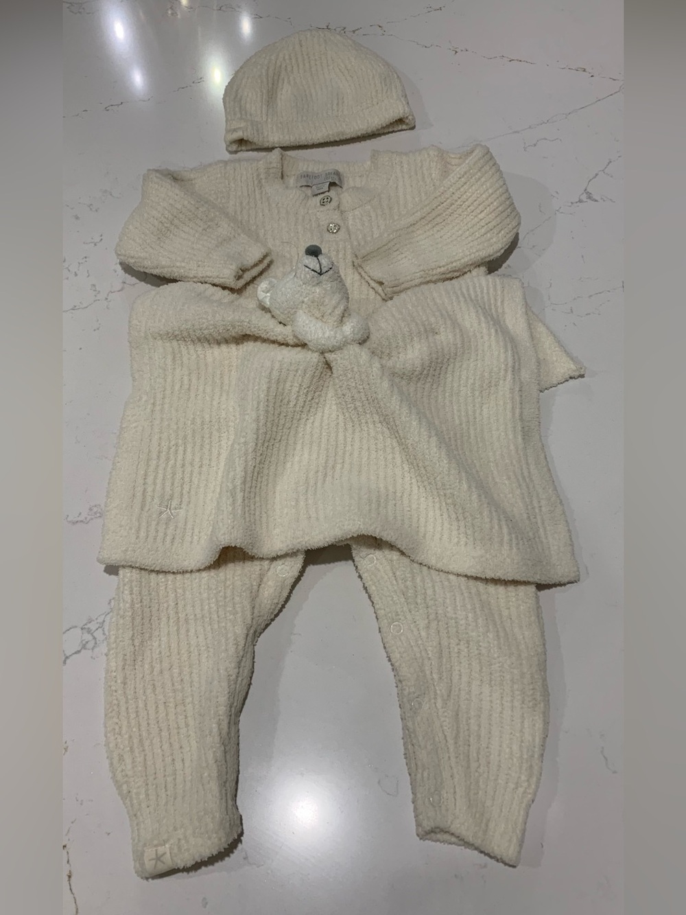 Barefoot Dreams Baby's 3-Piece Chenille Ribbed Beanie, Coveralls Set SZ 12/18 M